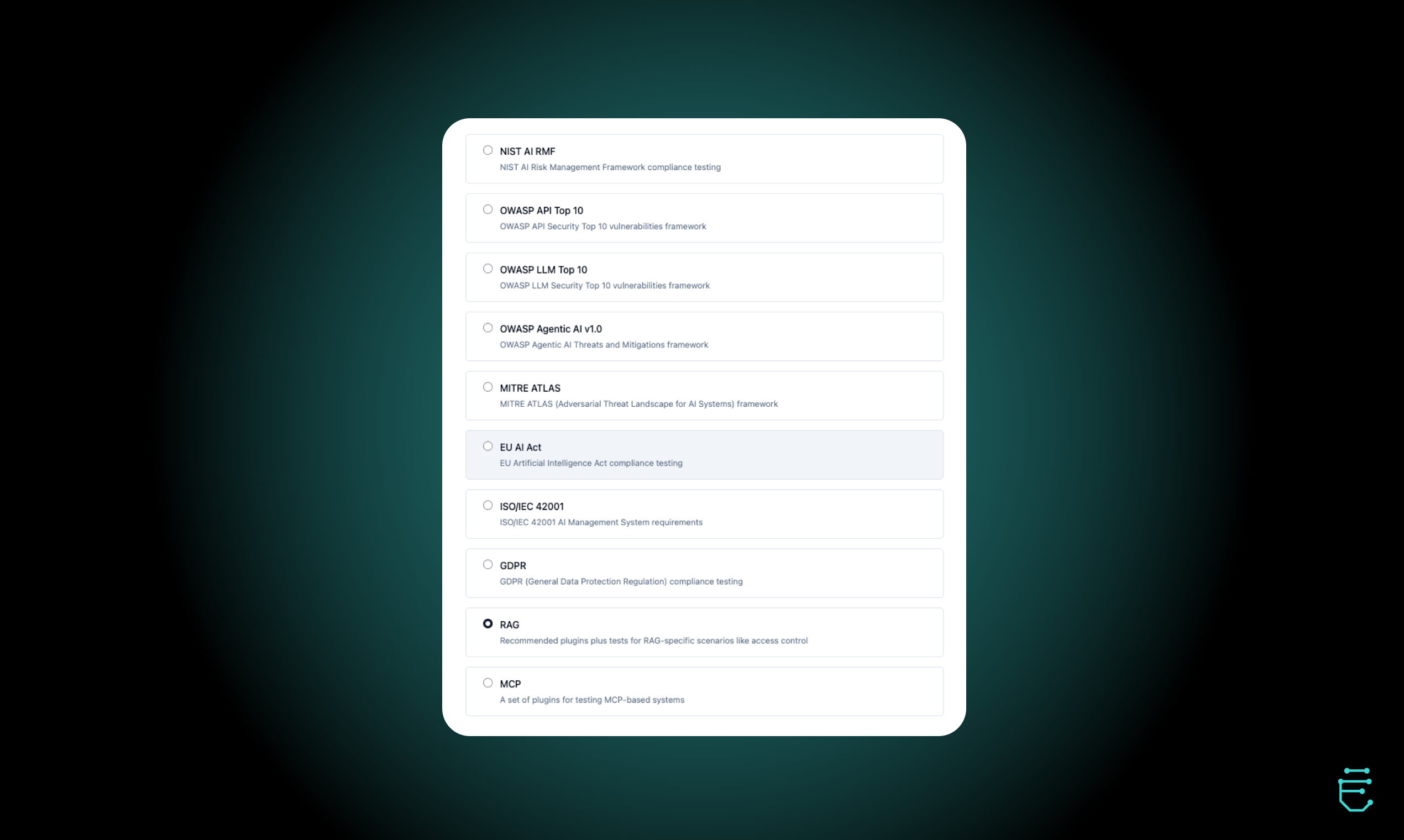 EarlyCore Red Team scan-pack picker: compliance frameworks (EU AI Act, GDPR, DORA, NIS2, ISO/IEC 42001, NIST AI RMF), security frameworks (OWASP LLM Top 10, OWASP Agentic AI, MITRE ATLAS), and scenario packs (RAG, MCP) selectable per run.